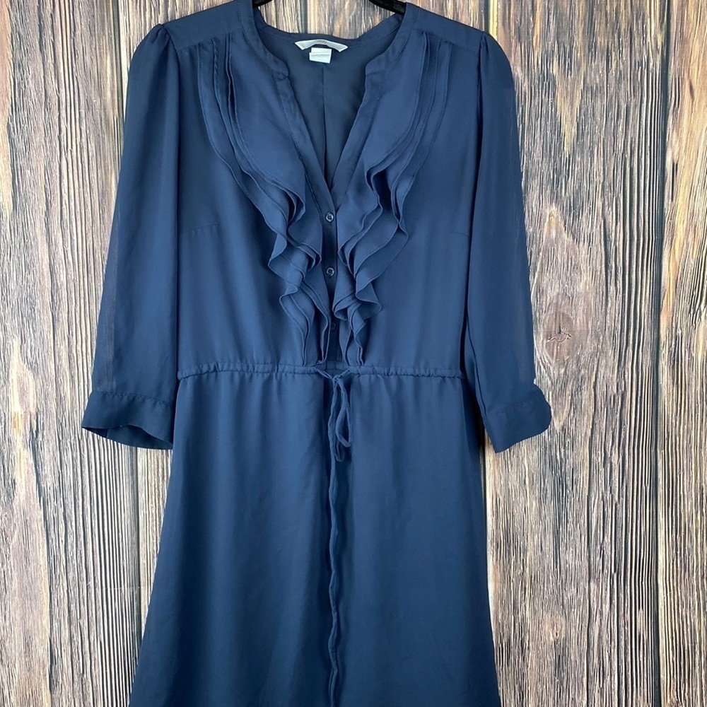 H&M Navy Blue 3/4 Sheer Sleeve Midi Dress W/Button & Ruffle Details- Size 10